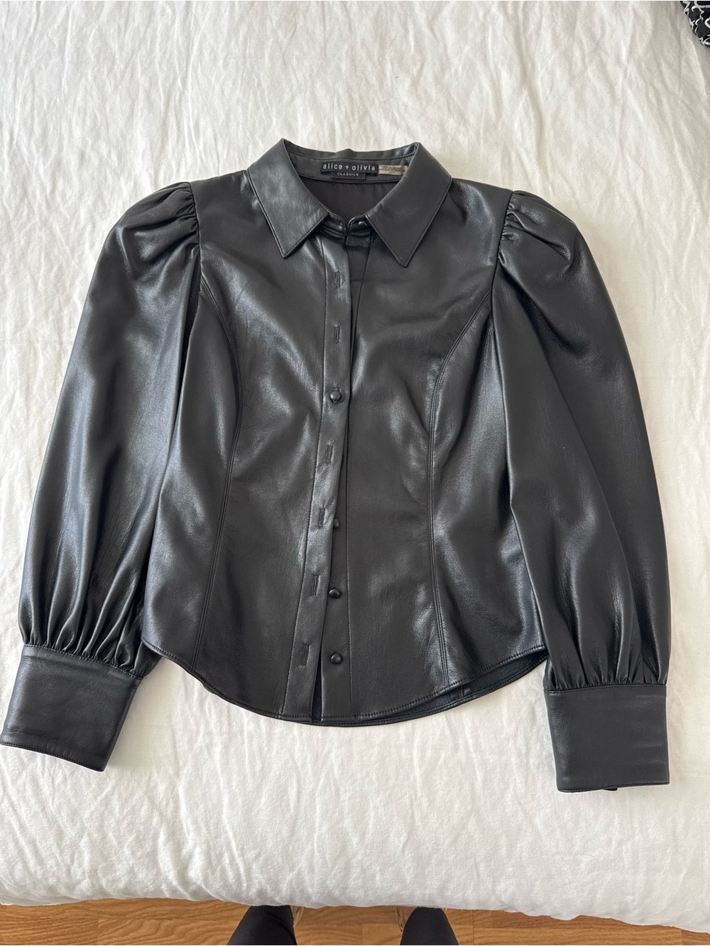 Alice + Olivia Black Faux Leather Button-Up Blouse Size XS